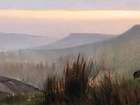 Painting of autumnal view across moorland