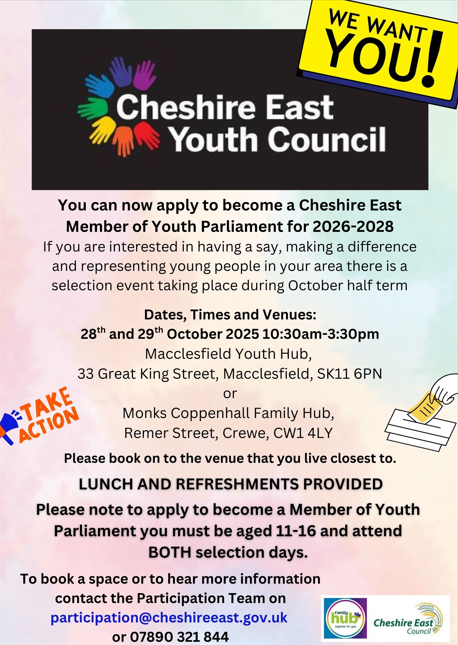You Can now apply to become a member of the Cheshire east youth parliament poster 