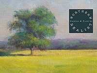 Painting of a tree in a field with the Northern Realist logo