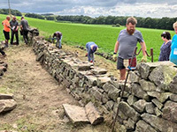 Group of people rebuilding a dry stone wall