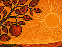 AI image of an autumnal apple tree with a sunset in the background