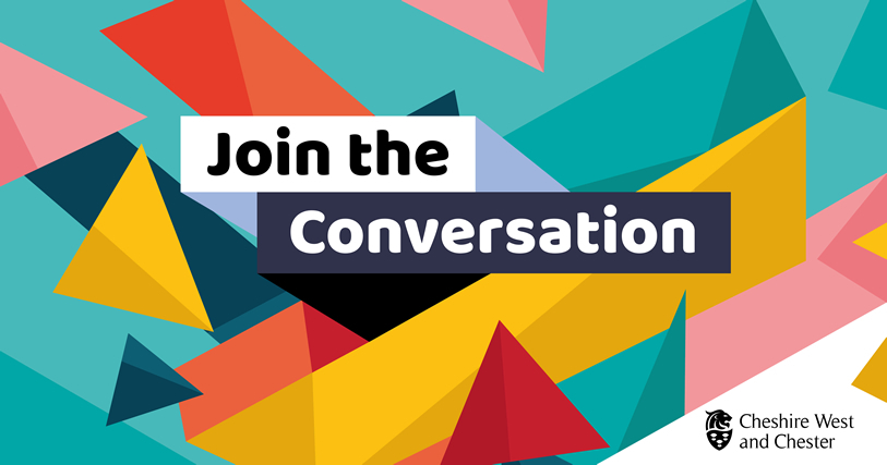 Bright coloured shapes in background and text saying Join the Conversation 