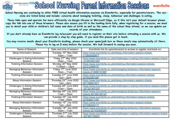 School Nursing Parent Information Sessions May to July 2022