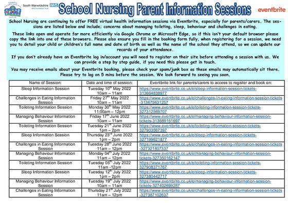 School Nursing Parent Information Sessions May to July 2022