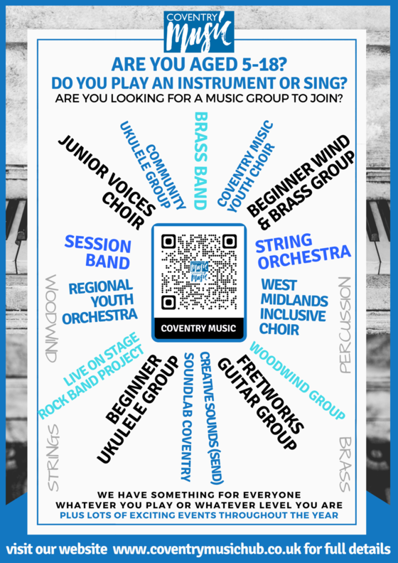 music group poster listing all the groups on offer around a QR code