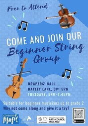 Junior string group flyer with information and image of a violin