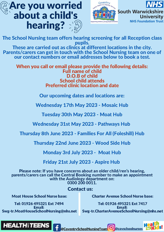 Coventry School Nursing Hearing Screening poster May 2023