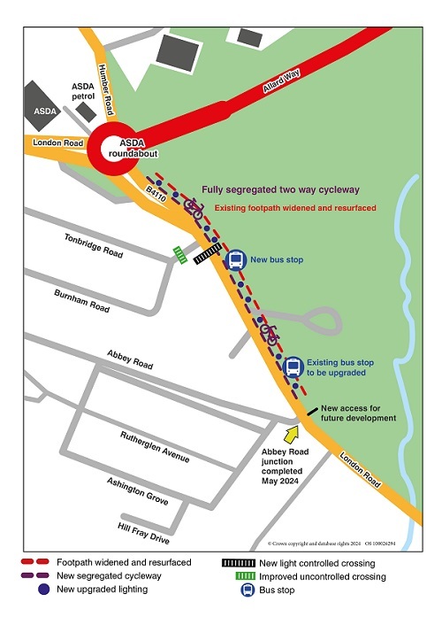 Map of London Road cycleway between Asda roundabout and Abbey Road junction