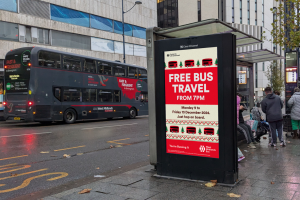 Free Bus Travel from 7pm, advert on bus stop