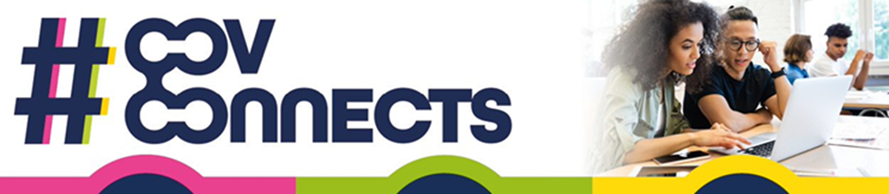 #CovConnects logo with image on the right of two people sharing a computer