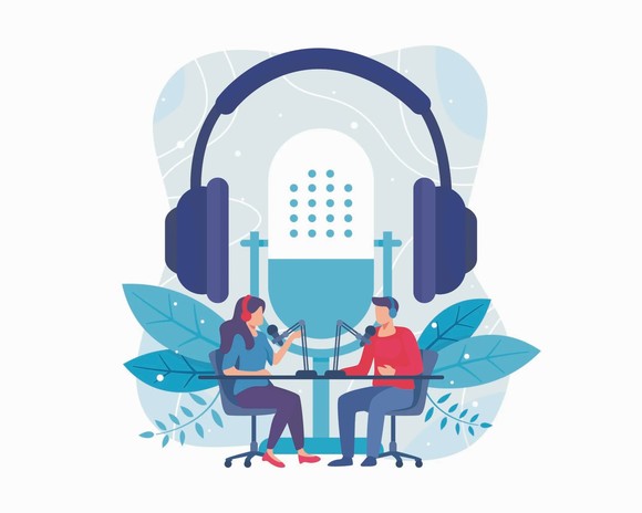 Cartoon of people listening to podcast