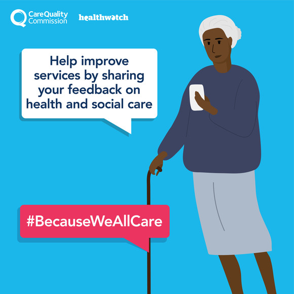 Person sharing their feedback on care #BecauseWeAllCare