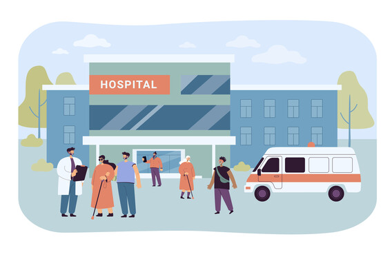 Digital illustration of patients and visitors walking near a hospital building