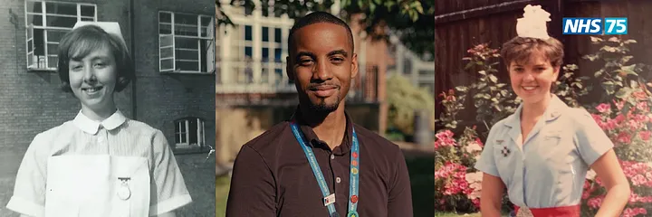 Three portrait photographs of NHS staff throughout the years since it was established in 1948