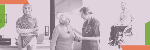 Footer banner: three photographs showing (1) a person standing smiling (2) a person helping an elderly patient (3) a person in a wheelchair