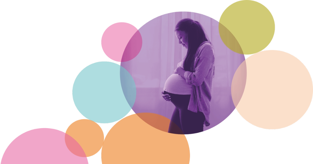 Pregnant woman cradling her bump. Image is in a coloured circle, surrounded by other coloured circles.