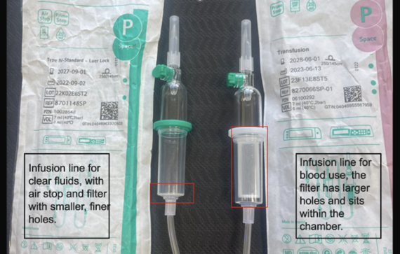 Image of clear fluid infusion line (left) and infusion line for use with blood (right)