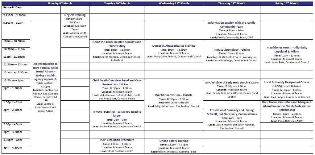 safeguarding week 2026 timetable of training sessions