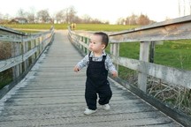 Toddler walking across wooden bridge