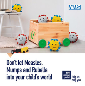 MMR vaccination image with cuddly toy germs on childrens toys