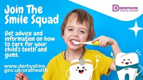 Join the smile squad, get advice on how to care for your child's teeth and gums. Photo shows child in yellow T shirt brushing their teeth.