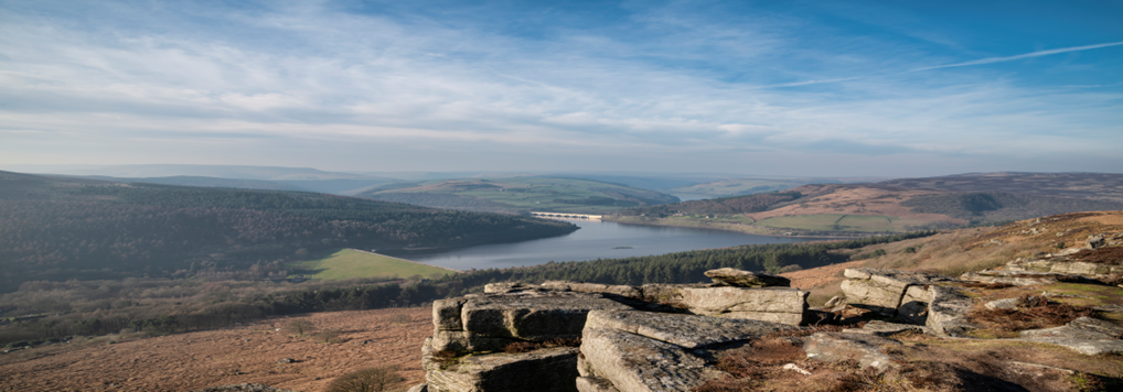 Ladybower Reservoir, the lowest of three reservoirs in the Upper Derwent Valley in Derbyshire, England.