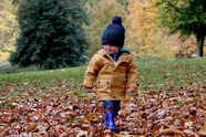 Child walking through autumn leaves, in wolley hat, a coat and wellies.