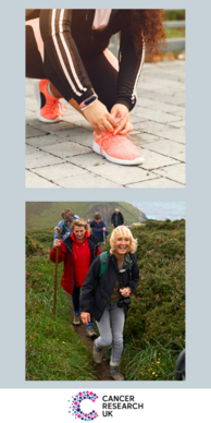 Walk All Over Cancer Promotional Graphic - Women Tying Shoelaces and Group of people walking through nature