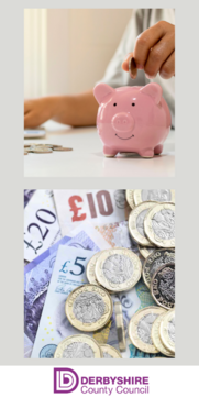 Money savings graphic - piggy bank and various uk currency