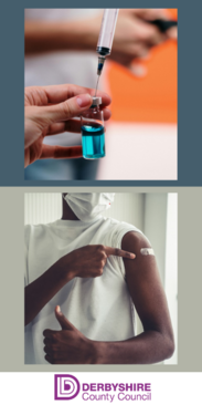 Vaccine Promo Graphic - vaccine and man who has received a vaccine shot