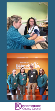 Health checks promotional graphic - woman receiving blood pressure check and group staff photo inside a bakery