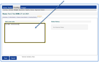 Screenshot of the provider portal showing the notes tab on a child's record