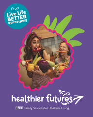 Healthier Futures Promotional Graphic - mother and daughter holding fruit and vegetables
