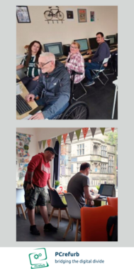 PC Refurb - 2 group of people using computers (top image) and 2 people in an office space using a laptop (bottom image)