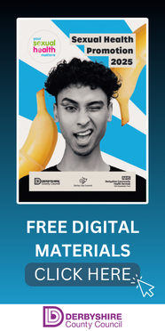 Sexual Health Promotion Booklet 2025 Front Cover - Guy winking on a blue striped and banana background