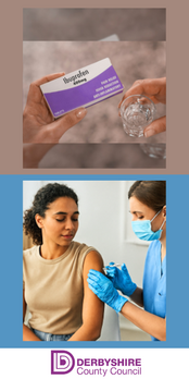 Flu graphic - water and a box ibuprofen being held (top image) and a woman receiving a flu injection (bottom image)