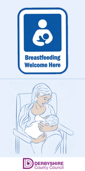 Breastfeeding Welcome Here Promotional Graphic - Official Logo and Illustration of a woman breastfeeding a child 