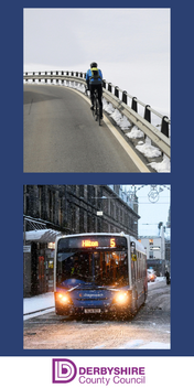 Transport promotional graphic - man cycling on road (top image) and stagecoach bus driving through mild snow (bottom image)