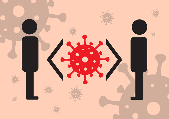 social distancing graphic of two figures with arrows and virus icons