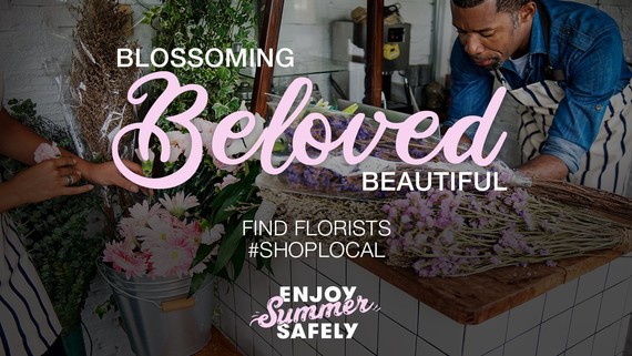 Man in flower shop with the words 'blossoming, beloved, beautiful'