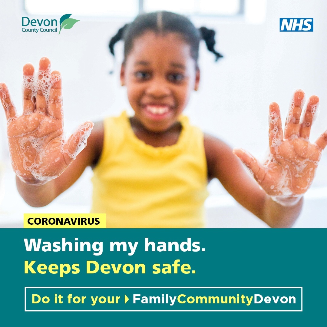 Washing my hands keeps Devon safe image of girl with soapy hand