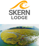 Skern lodge logo and image of people kayaking nearby