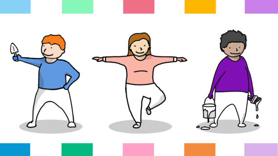 Cartoon images of people doing activities as part of five ways to stay positive during lockdown