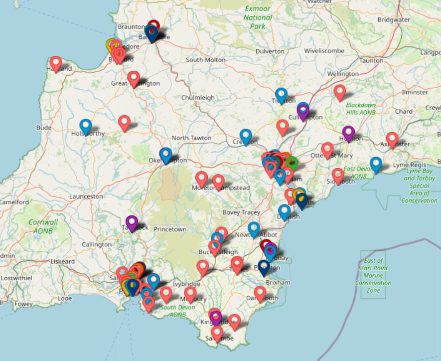 Map of coronavirus test and vaccination sites in Devon