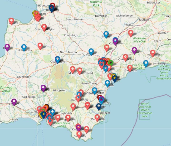 Map of coronavirus test and vaccination sites in Devon