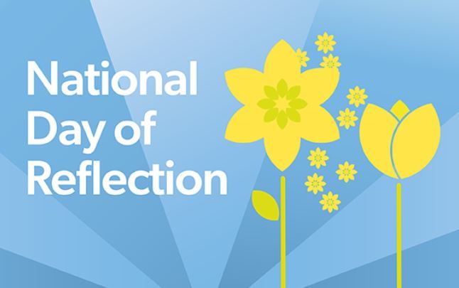 Yellow flowers on blue background with words: national day of refection