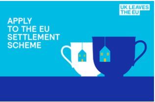 Logo for EU resettlement scheme: two cups; blue and white each with an outline of a house