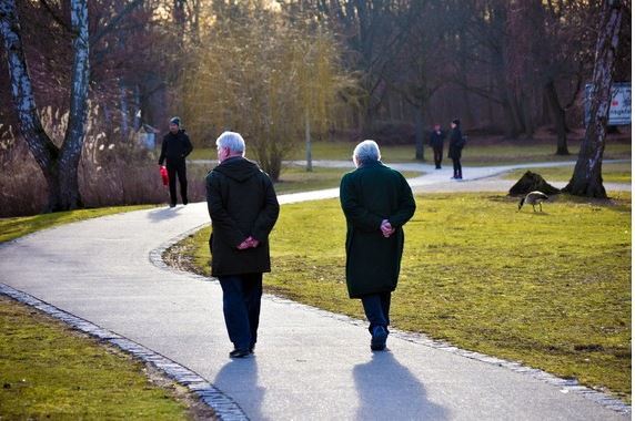 Two elderly men walking in the park.