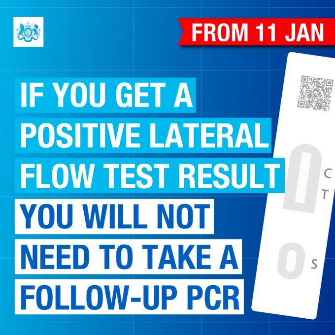 from 11 Jan 2022 if you have a positive lateral flow test you don't need to take a follow up PCR