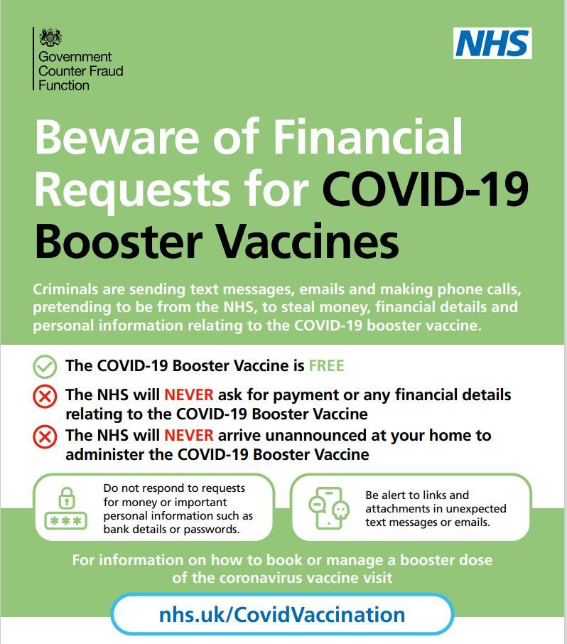 Government poster warning to Beware of Financial Requests for COVID-19 Booster Vaccines.